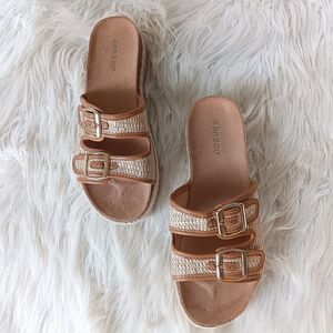 Lulus Bamboo Raffia Natural Two Tone Double Buckle Platform Slide Sandals 8 | 39
